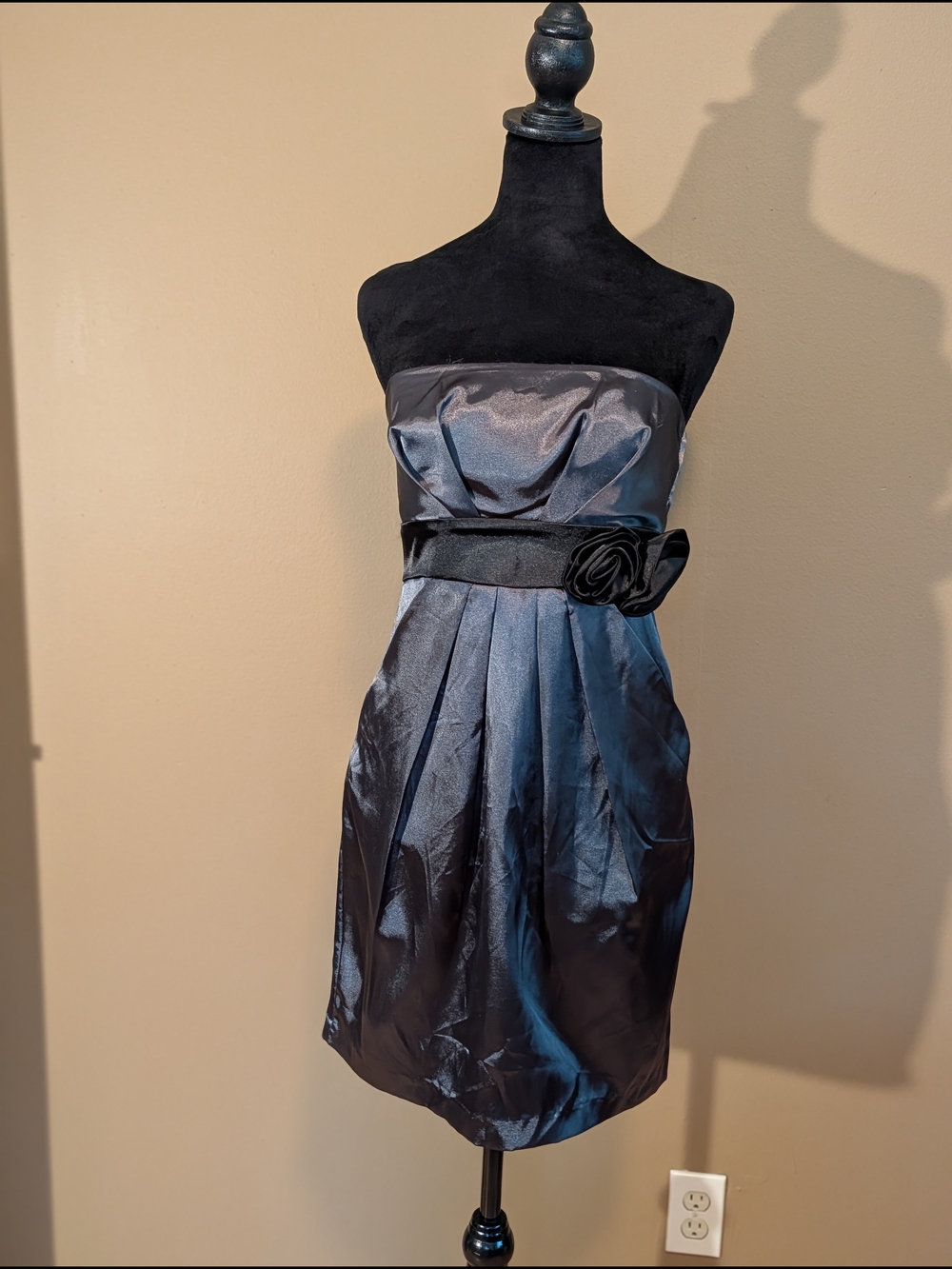Speechless Strapless Shimmering Charcoal Cocktail Dress with Black Sash. Y2K.